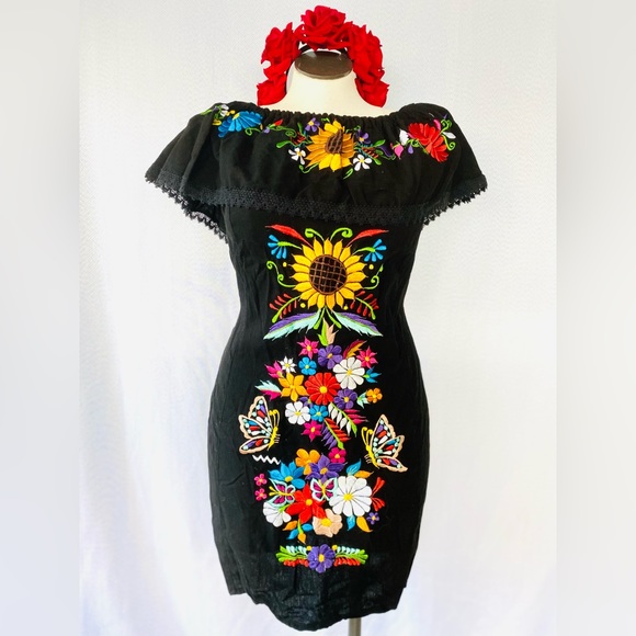 Off shoulder black embroidered dress - Picture 1 of 8